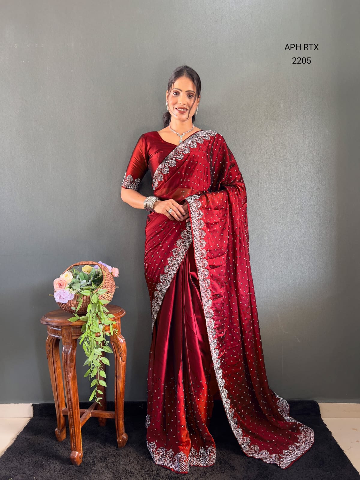 Navy Blue Premium Georgette Satin Saree with All-Over Sparkling Swarovski Diamond Moti Work